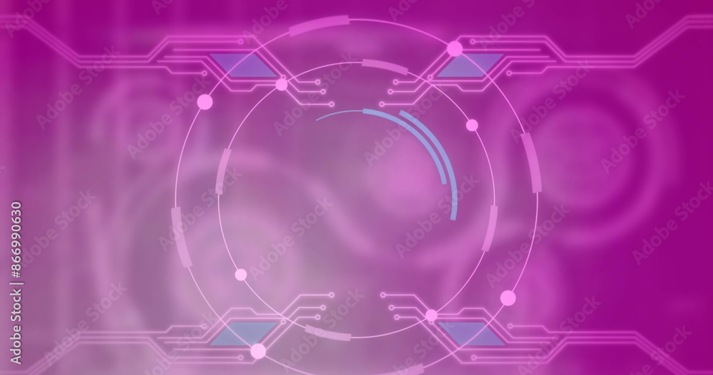 Poster image of scope scanning and computer circuit board on purple background