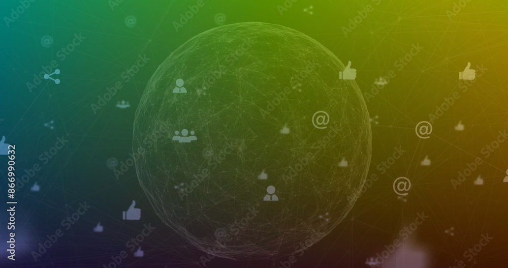 Poster image of network of connections with icons and globe over green background