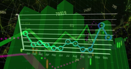 Image of financial data processing with network of connections over black background