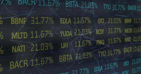 Image of financial data processing with network of connections over black background