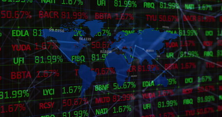 Image of financial data processing with connections and world map over black background