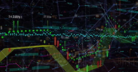 Image of financial data processing with network of connections over cityscape