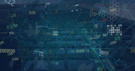 Image of financial data processing with connections and world map over modern building