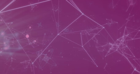 Image of light trails over network of connections and molecules on purple background