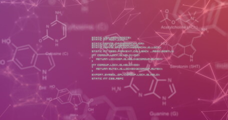 Image of chemical formula with data processing over network of connections on purple background
