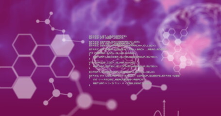 Image of data processing with chemical formula and digital brain on purple background