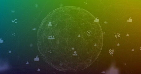 Image of network of connections with icons and globe over green background