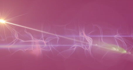 Image of light trails over shapes on purple background