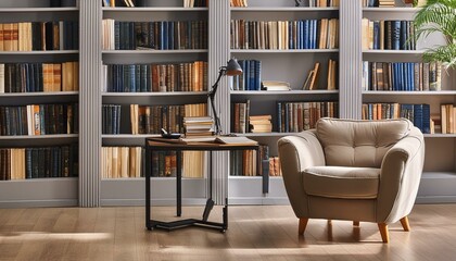  A sophisticated library with bookshelves, a reading book, and a rolling