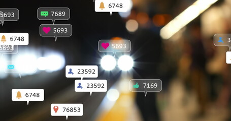 Image of notification labels over blurred train arriving at subway station