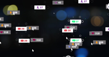 Image of notification labels over blurred moving vehicles moving on street in city