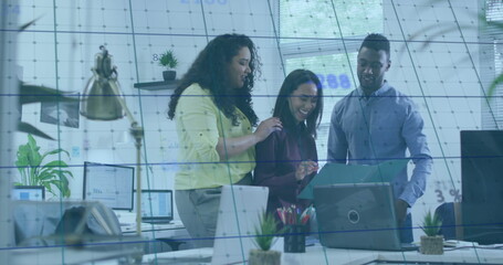 A digitally generated image of numbers processing over a grid on a screen with squares