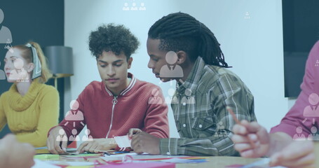 Image of network of profile icons floating against diverse men discussing at office