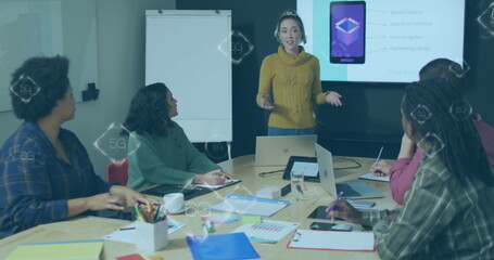 Image of multiple 5g and 6g text banners over caucasian woman giving a presentation at office