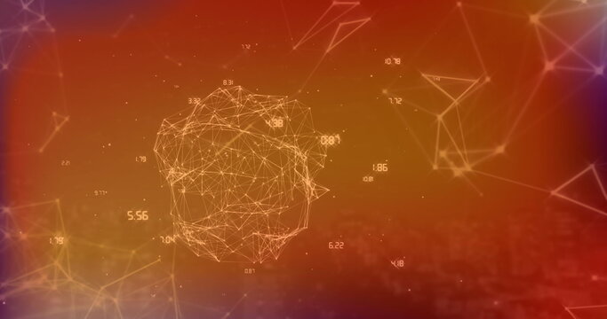 Image of numbers, network of connections with globe over orange background