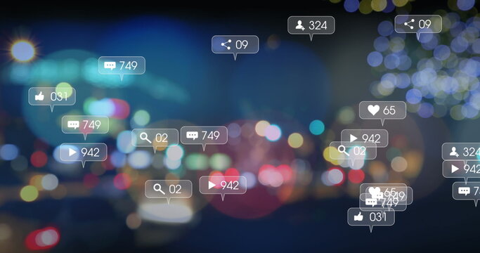 Image of notification labels over blurred moving vehicles on street in city