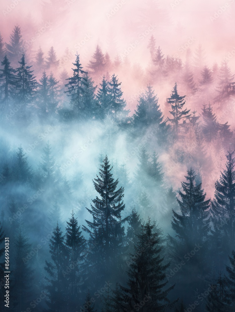Poster a captivating view of a forest bathed in the soft glow of dawn, with ethereal mist adding a mystical