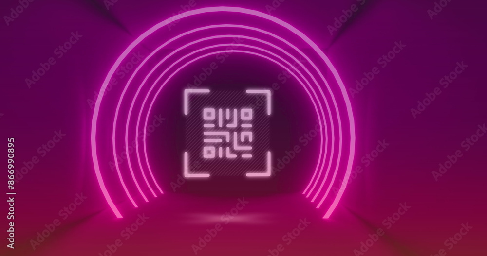 Wall mural Image of neon qr code scanner and light trails against purple background