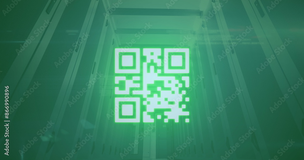 Aufkleber image of neon qr code scanner and data processing against computer server room