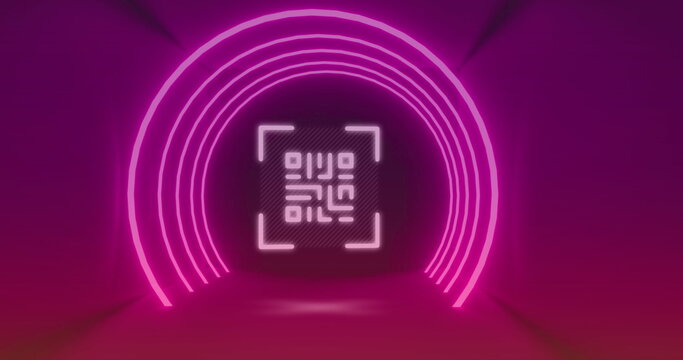 Image of neon qr code scanner and light trails against purple background