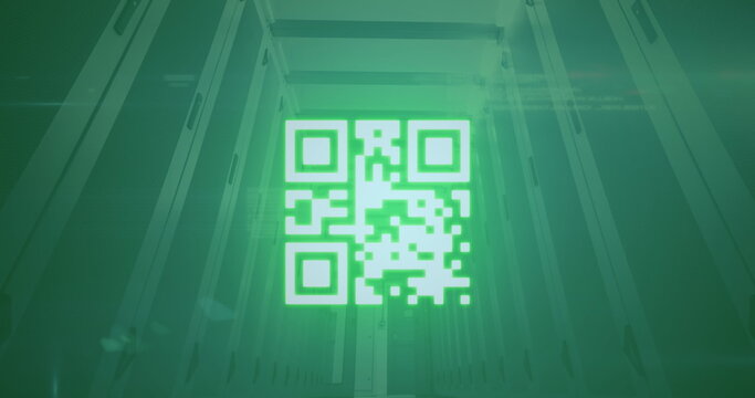 Image of neon qr code scanner and data processing against computer server room