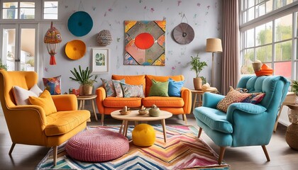 An eclectic living space with colorful furniture, art on the walls, and various textures