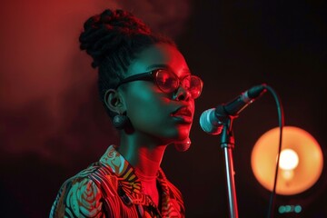 Young woman with glasses is passionately singing into a microphone on stage, illuminated by vibrant...