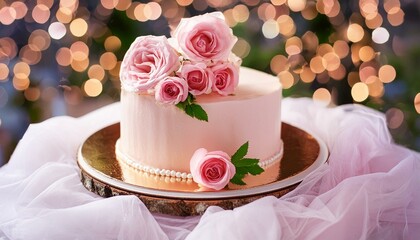 Naklejka premium cake with delicate pink roses at the celebration; wedding concept