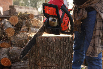 Man sawing wooden log outdoors, closeup view