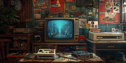 A game console from the 80s sits beside an old TV, surrounded by vintage memorabilia The room is adorned with posters and knickknacks from the era, creating an immersive retro atmosphere