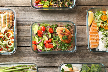 Healthy meal. Containers with different products on wooden table, flat lay