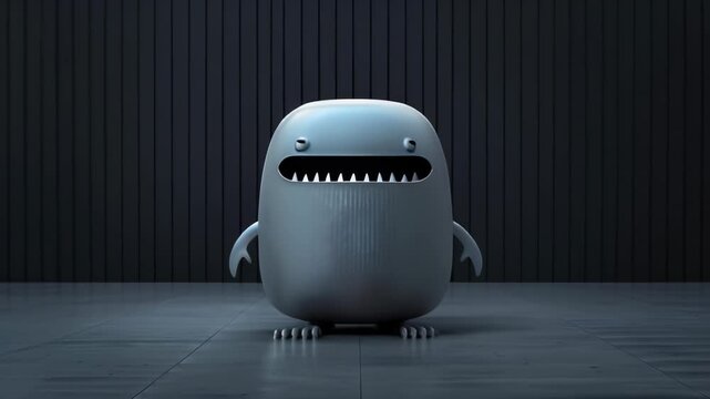 Rotund grey creature with wide toothy grin. Stubby arms and legs. Smooth, matte texture. Stands against dark, textured background. Blend of cute and unsettling. 