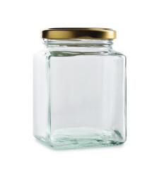 One empty glass jar isolated on white
