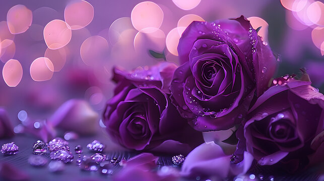 purple roses and purple hearts on purple background with bokeh lights, love wallpaper, purple flowers, purple valentine's day design, purple rose background.