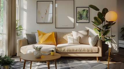 Sunny and bright space of living room with stylish sofa, pillows, coffee table, mock up poster frames, decorations, furniture's and personal accessories, Cozy home decor