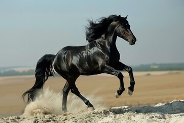 Powerful black horse running through sand in desert environment