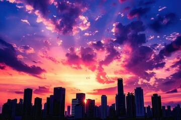 Fototapeta premium A captivating sunset cityscape showcasing skyscrapers silhouetted against a sky ablaze with vibrant hues of pink, orange, and purple. Generative AI