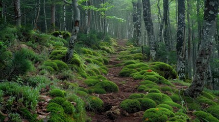 Fototapeta premium Trail through a forest covered with moss