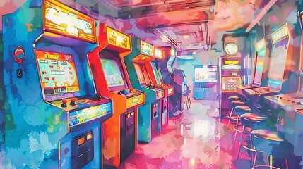 Retro arcade game machines in a vibrant, neon-lit setting.