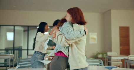 Happy people, students or done with documents in celebration for success, winning or achievement in classroom. Group of young learners throwing paperwork in air for good news or results in completion