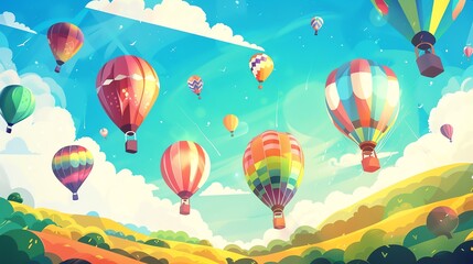 Obraz premium Colorful hot air balloons flying in the sky above green field