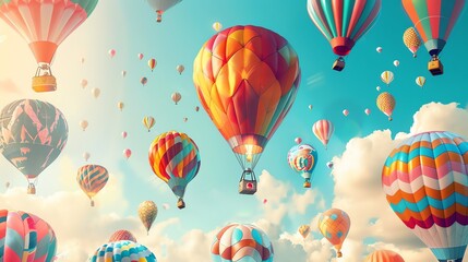 Obraz premium Colorful hot air balloons float in a blue sky with fluffy white clouds and autumn leaves.