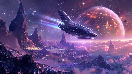 Obraz premium A futuristic spaceship flies past a glowing planet and rocky mountains in a vibrant, otherworldly landscape.