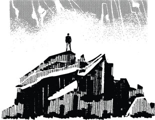 Obraz premium businessman stands on top of a mountain having achieved success surrounded by mountains