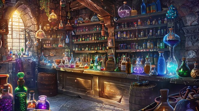 A magical alchemist's workshop filled with potions and ingredients.