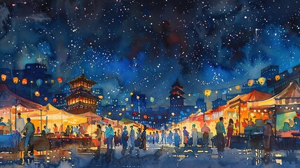 Watercolor painting of a bustling night market in Asia, with glowing lanterns and a starry sky.