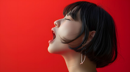 Fototapeta premium Depict the side profile of an Asian woman with a bob haircut, screaming, against a red background, realistic photo, daytime