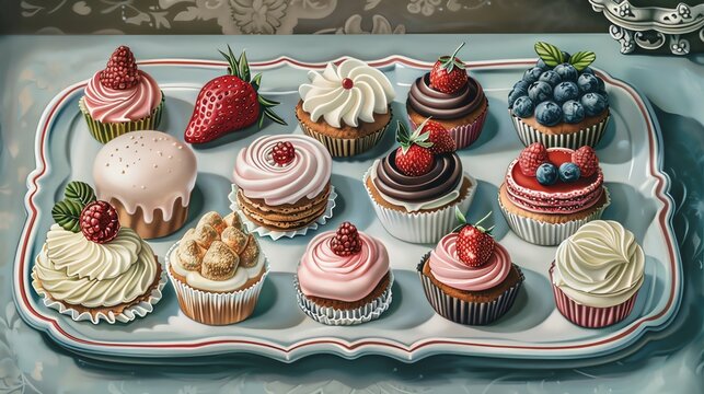 Assortment of delicious pastries with berries and cream.