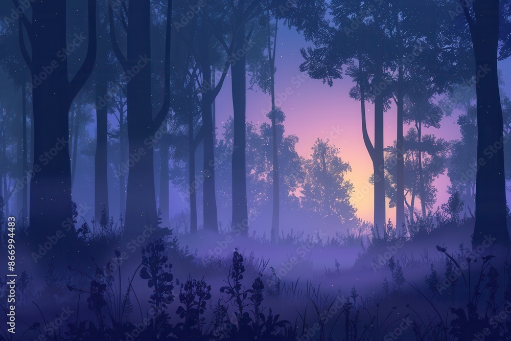 Poster a serene image of a forest at dawn, bathed in the soft glow of the rising sun. the mist adds a mysti