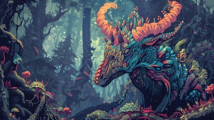 A surreal, crystalline deer emerges from a glowing forest, its antlers adorned with coral and flowers.
